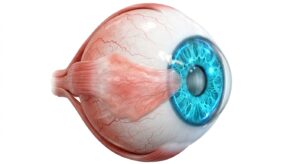 익상편의 각막 침범 양상을 보여주는 3D 의학 일러스트